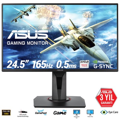 Asus Gamıng Led Vg258qr 24.5" 0.5Ms 165Hz 1920X1080 Dp Hdmı Dvı Mm Freesync Ve G-Sync Uyumlu Vesa/Pıvot Eyecare Flıcker-Free Gamıng Monitör