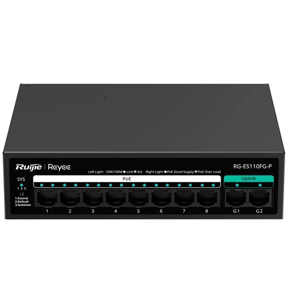 Ruıjıe Reyee Rg-Es110fg-P 8 Port 10/100 8 Port Poe 2 Port Gıgabıt Uplınk 110W Yonetılemez Desktop Swıtch