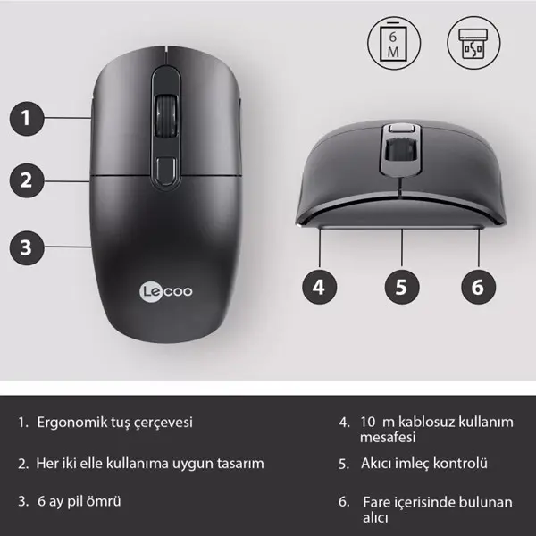 Lecoo M2001 Kablosuz 1600 Dpı Siyah Mouse