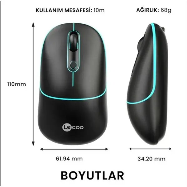 LECOO WS210 BT/2.4GHZ WİFİ WİRELESS CHARGİNG SIYAH OPTİK MOUSE