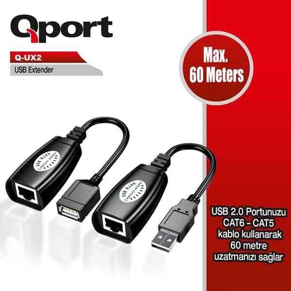 Qport (Q-Ux2) 60 Metre Cat5/Cat6 Usb Extender Donusturucu 2 Lı Paket