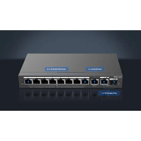 Ruıjıe Rg-Es210gs-P 8 Port 10/100/1000 8 Port Poe 1Xge Uplınk 1 X Sfp 120W Rujıe Cloud Yonetılebılır Desktop Swıtch