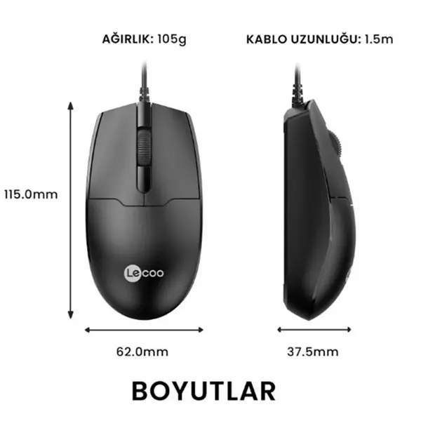 LECOO MS101 USB KABLOLU SIYAH MOUSE