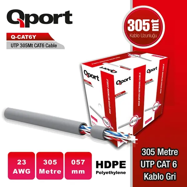 Qport 305M Cat6 Utp Grı 23Awg 0.57Mm Pe Kablo (Q-Cat6y)