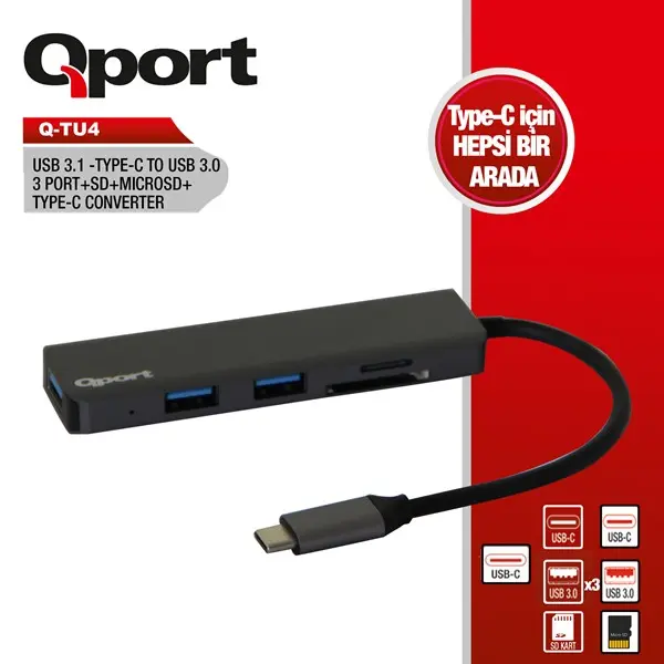 Qport Q-Tu4 Type-C To 3Xusb3.0+Mıcrosd Çevirici Adaptör